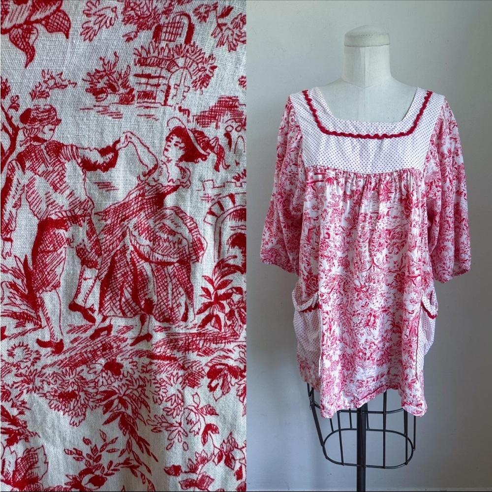 ⭐️3/$30⭐️ (bundle deal) Vintage 1960s Red Toile Smock Top / up to 45" bust